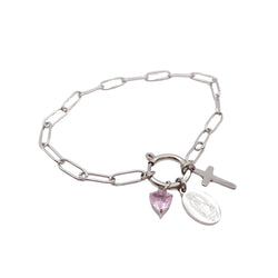Pulsera Virgen Corazón Rosa Plata