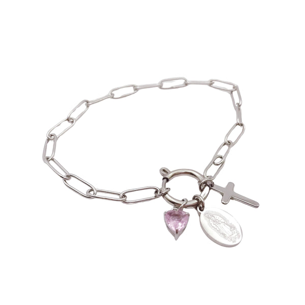 Pulsera Virgen Corazón Rosa Plata